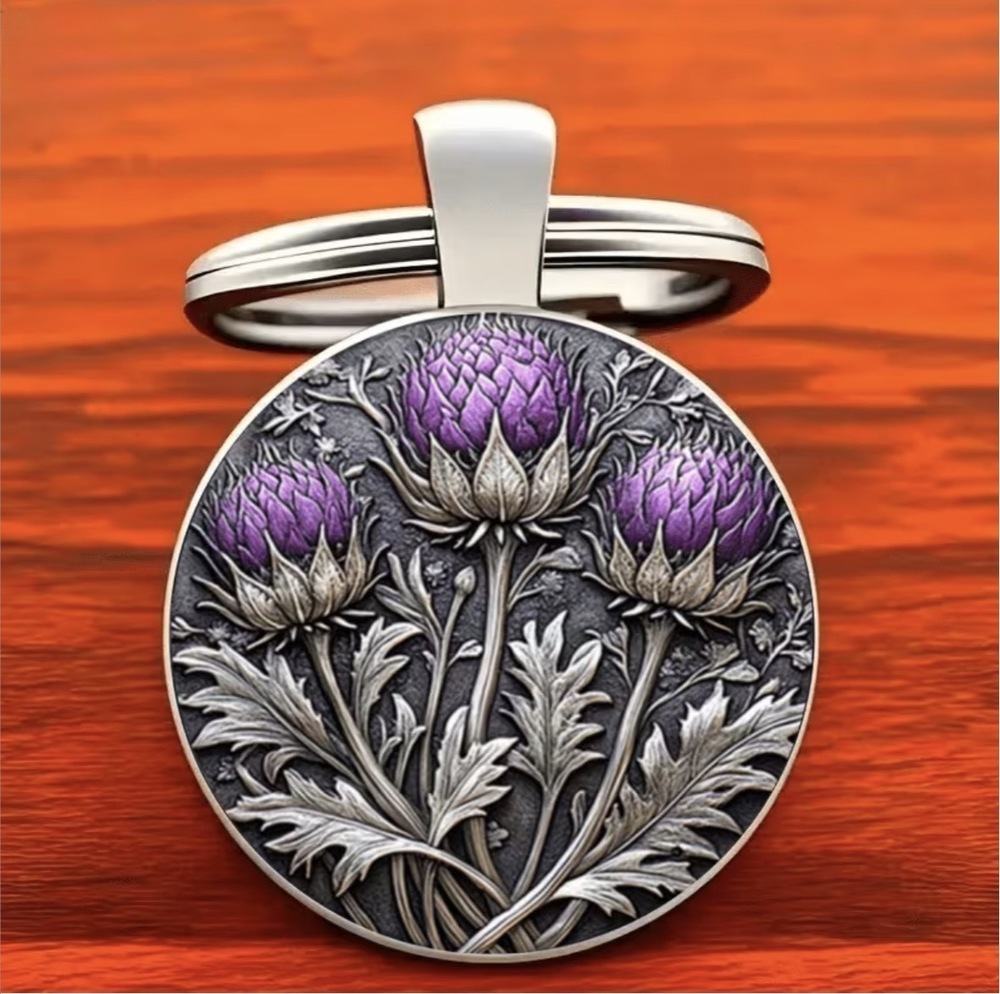 3/$25 Scottish Thistle Floral Purple Flowers Keychain NEW